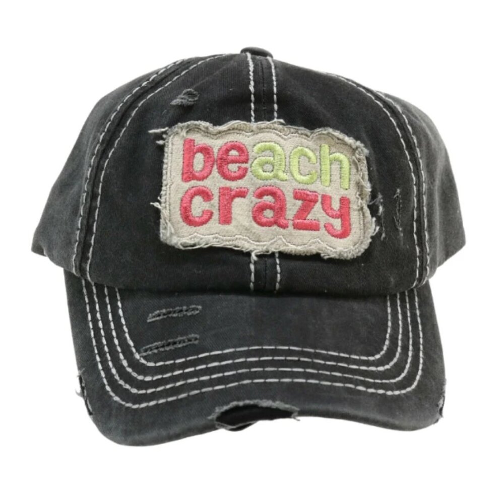 C. C Distressed Embroidered "Beach Crazy" Patch Pony Cap